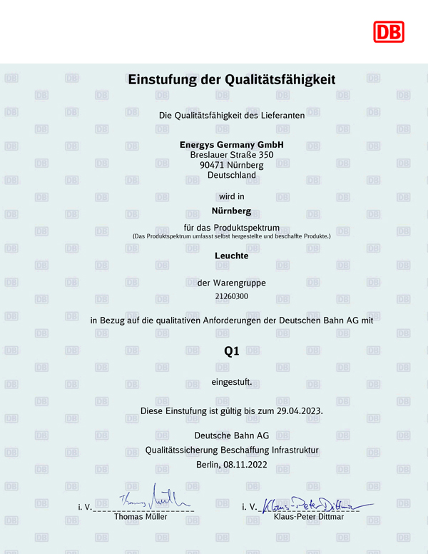Energys Germany GmbH ist zertifizierter Q1-Qualitätslieferant der Deutschen Bahn AG